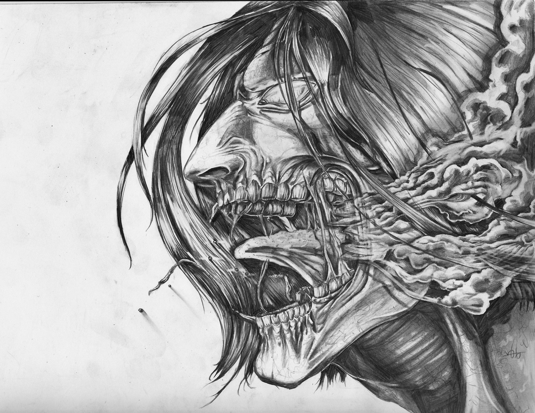 My brother finished this attack on titan drawing today. Dude ...